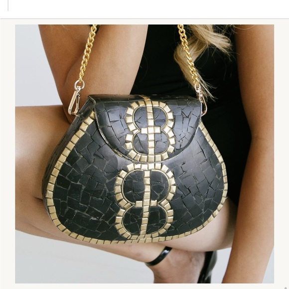Ramla Designer Black & Gold Mosaic Chain Shoulder Bag - Picture 4 of 7